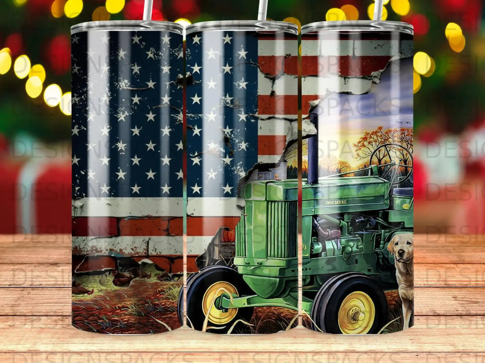 Green tractor with American flag backdrop and a dog.