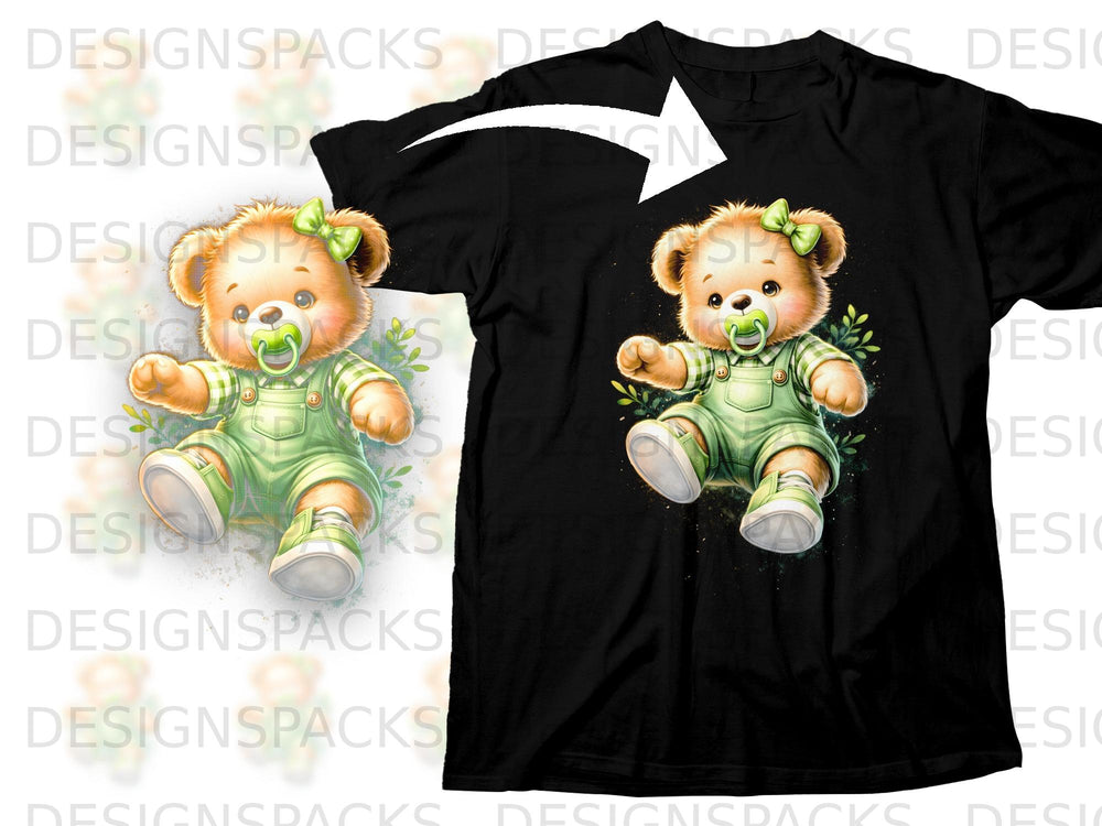 Cute teddy bear with green overalls and pacifier on a black t-shirt.