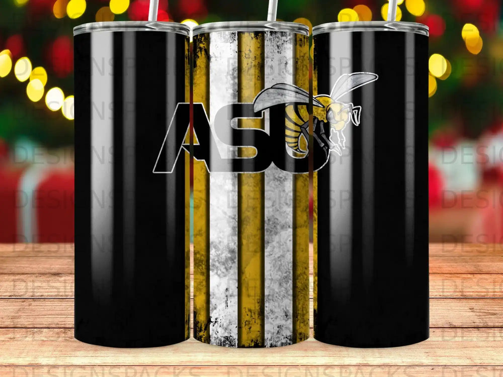 Three tumblers with a bee and "ASU" logo on a yellow and black striped background.