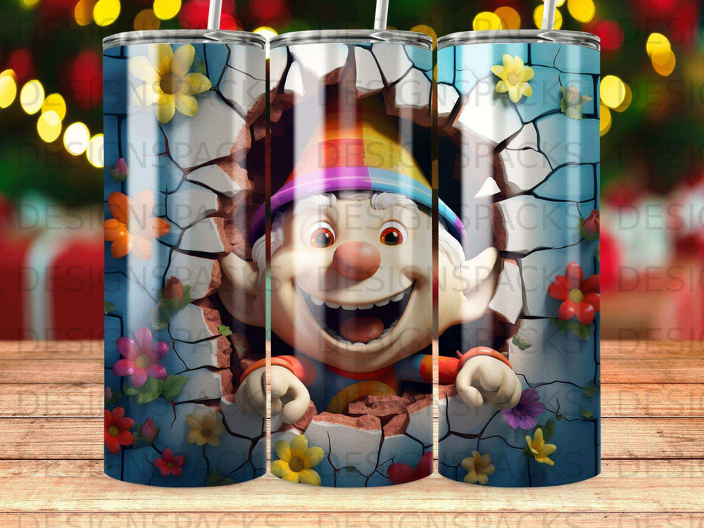 Smiling cartoon elf breaking through a cracked wall with flowers.