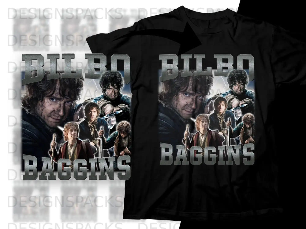 Bilbo Baggins graphic t-shirt featuring cast members from the film.
