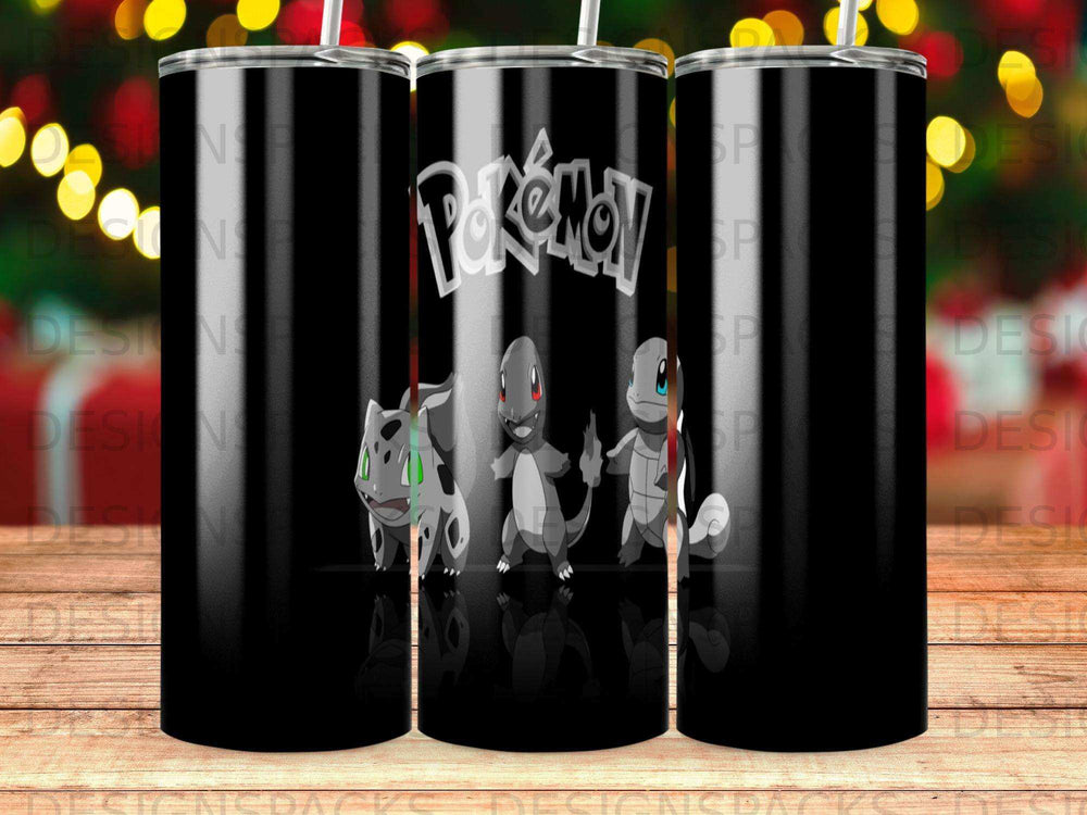 Pokemon starter creatures Bulbasaur, Charmander, and Squirtle on a black tumbler.