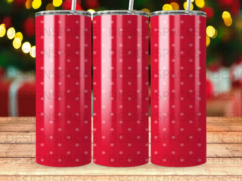 Three red tumblers with a white polka dot pattern and watermarks.