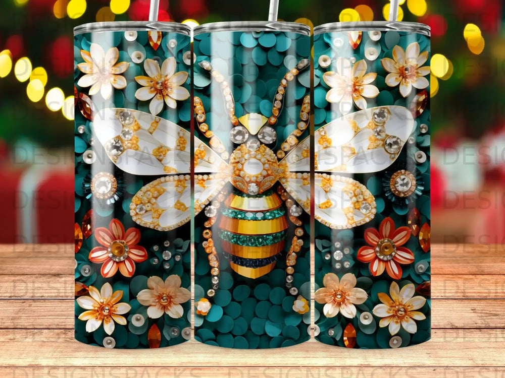 Bee with floral accents on a textured green background.