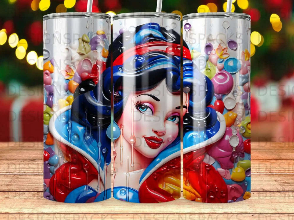 Snow White with colorful, candy-like jewels and droplets.