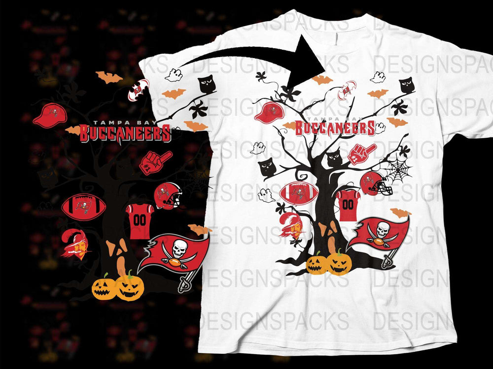 Tampa Bay Buccaneers Halloween T-Shirt, Spooky Pirate Ghosts, Pumpkins, Unisex Football Fan Apparel, Black and White Tee