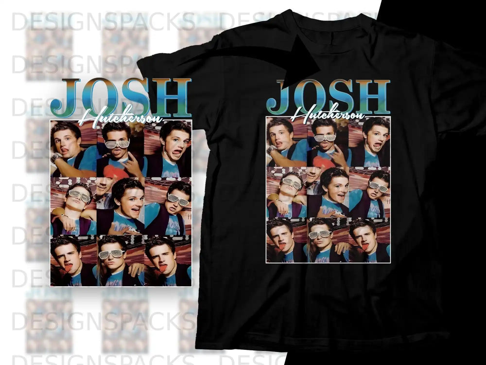 Collage of Josh Hutcherson photos on a black t-shirt.