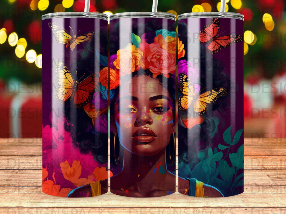 Woman with colorful flowers in hair and butterflies, vibrant artwork.