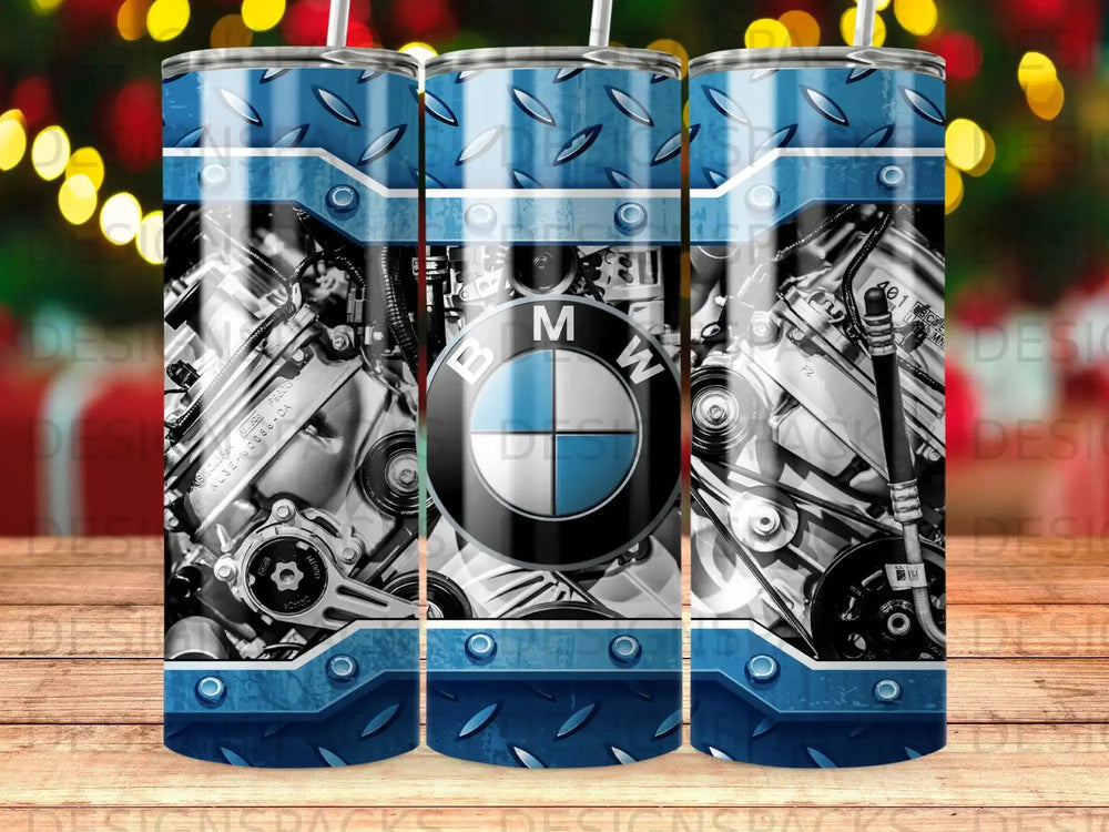 BMW M logo on a detailed engine with a blue diamond plate pattern.
