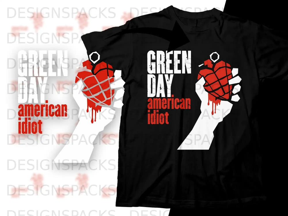 Green Day American Idiot grenade logo on a black t-shirt.