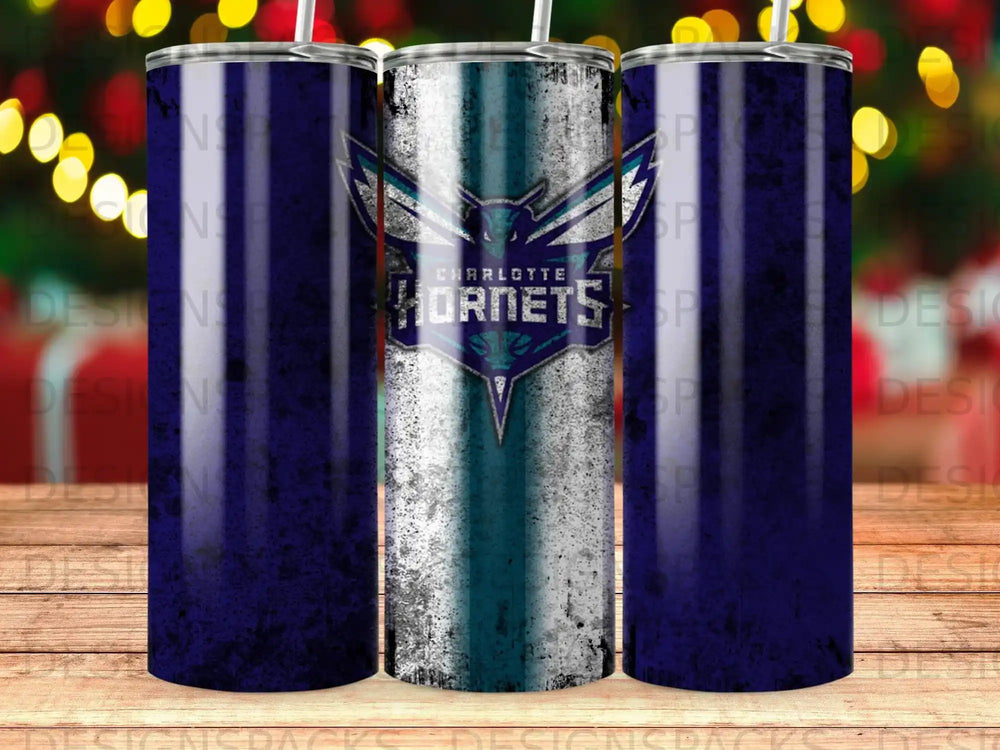 Charlotte Hornets basketball team logo on three navy blue and distressed teal tumblers.