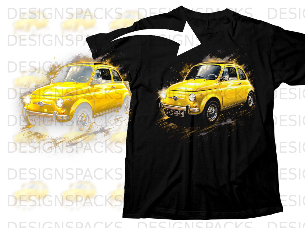 Black t-shirt with a graphic of a yellow Fiat 500 and the license plate "SVR 304H".