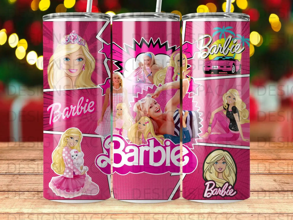 Barbie collage with pink background, logos, and car.