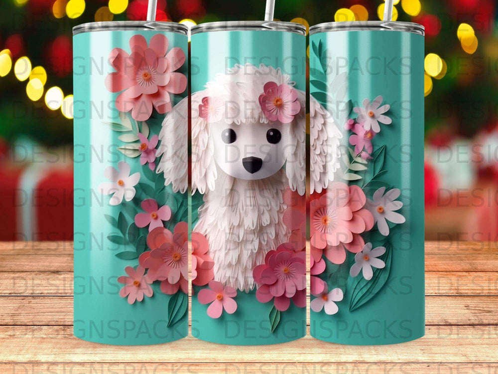 White poodle with pink flowers and leaves on a teal background.
