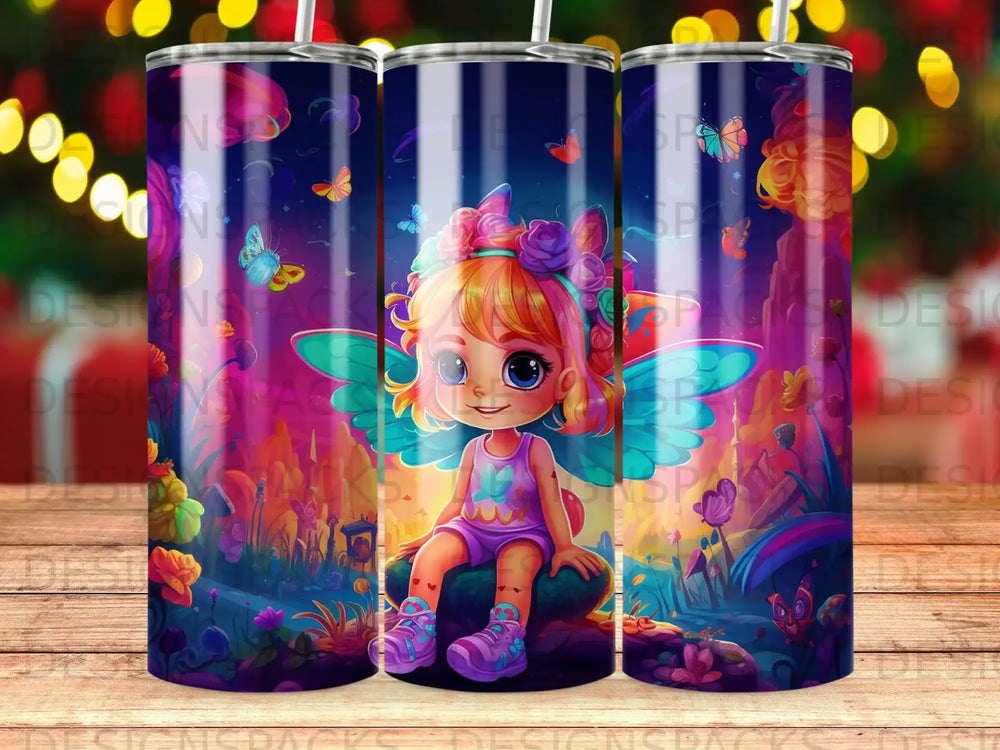 Whimsical fairy girl with butterfly wings in a vibrant, fantastical forest setting.