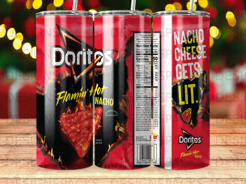 Doritos Flamin' Hot Nacho tortilla chips can design featuring cheese and fire graphics.