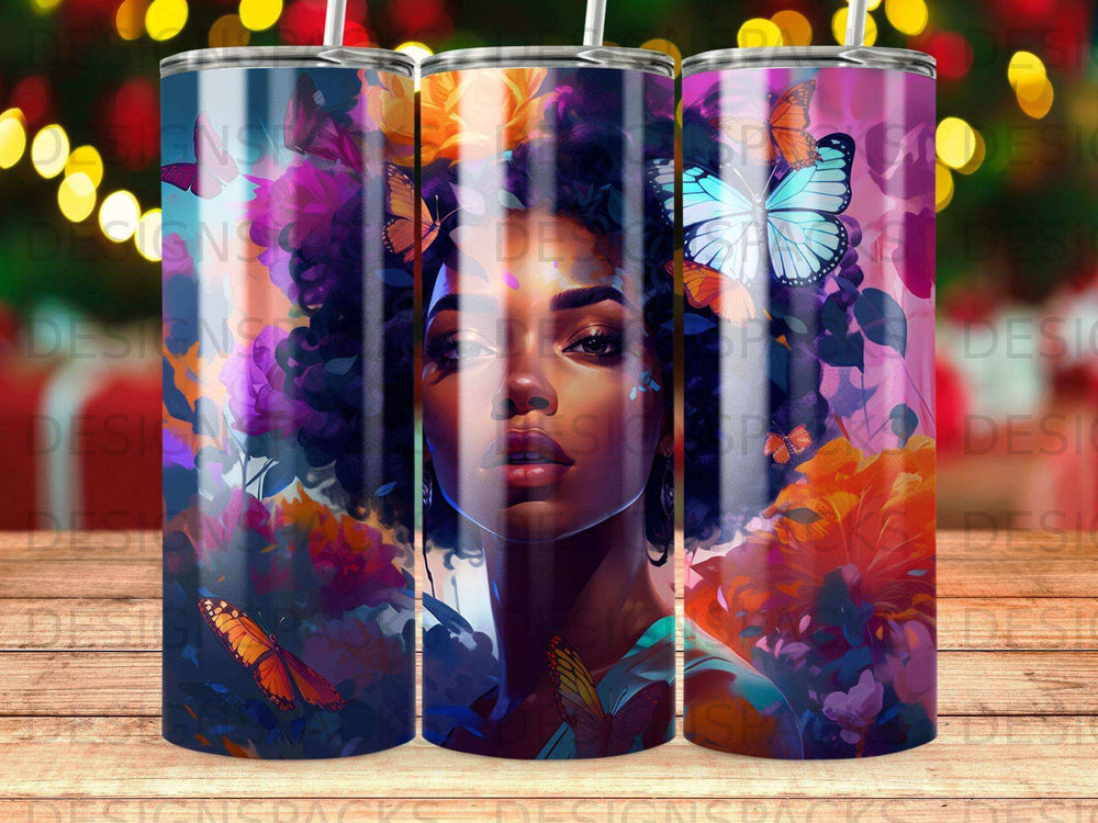 Woman with butterflies and flowers on a colorful tumbler.