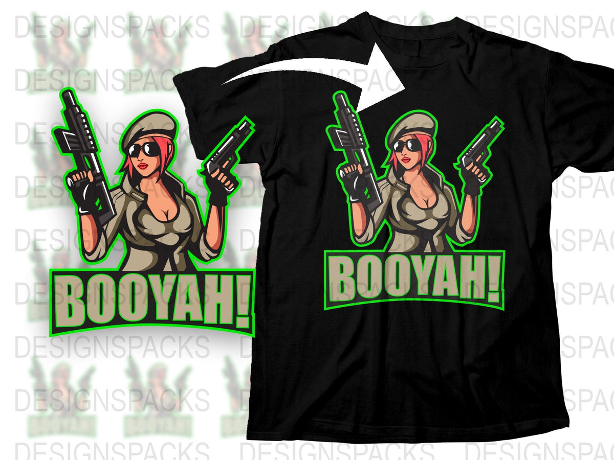 Comic Style Booyah Slogan T-Shirt, Bold Female Character Graphic Tee, Vibrant Pop Art Fashion, Unisex Shirt Design