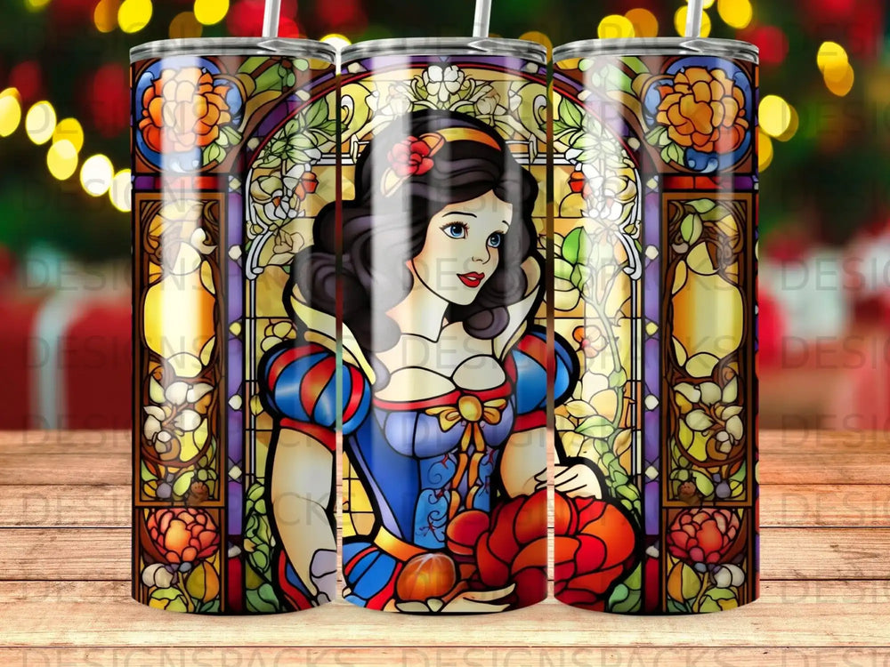 Stained glass Snow White holding a red apple, with floral details.