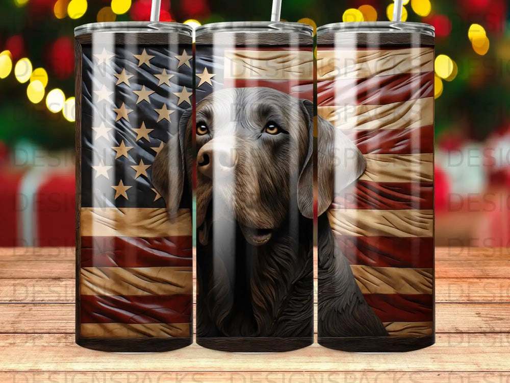 Chocolate lab portrait overlaid with American flag texture on a tumbler.