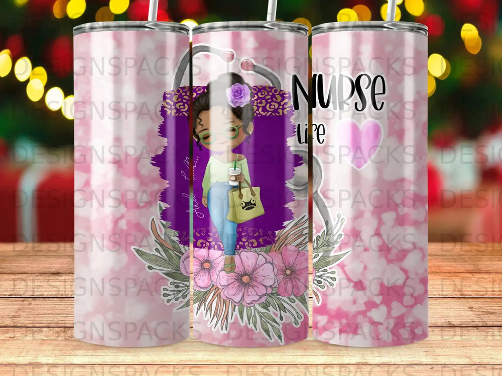 Nurse life tumbler with medical stethoscope and floral design.