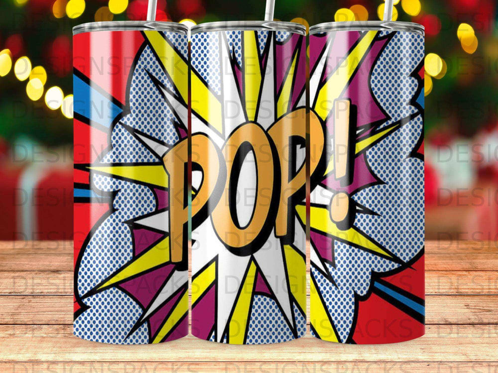Pop art tumbler with comic book explosion and "POP!" text.