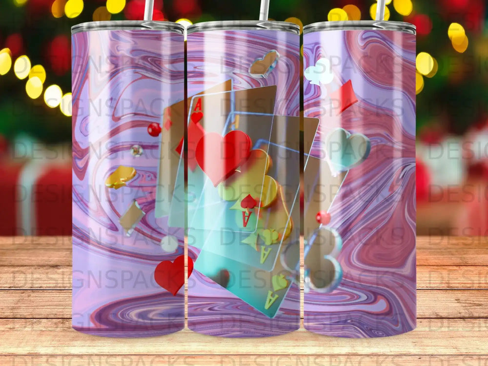 Tumbler with marbled purple and pink pattern and playing card motifs.