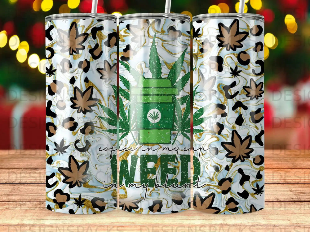 Tumbler with cannabis leaves, leopard print, and coffee cup with "weed in my blunt" text.