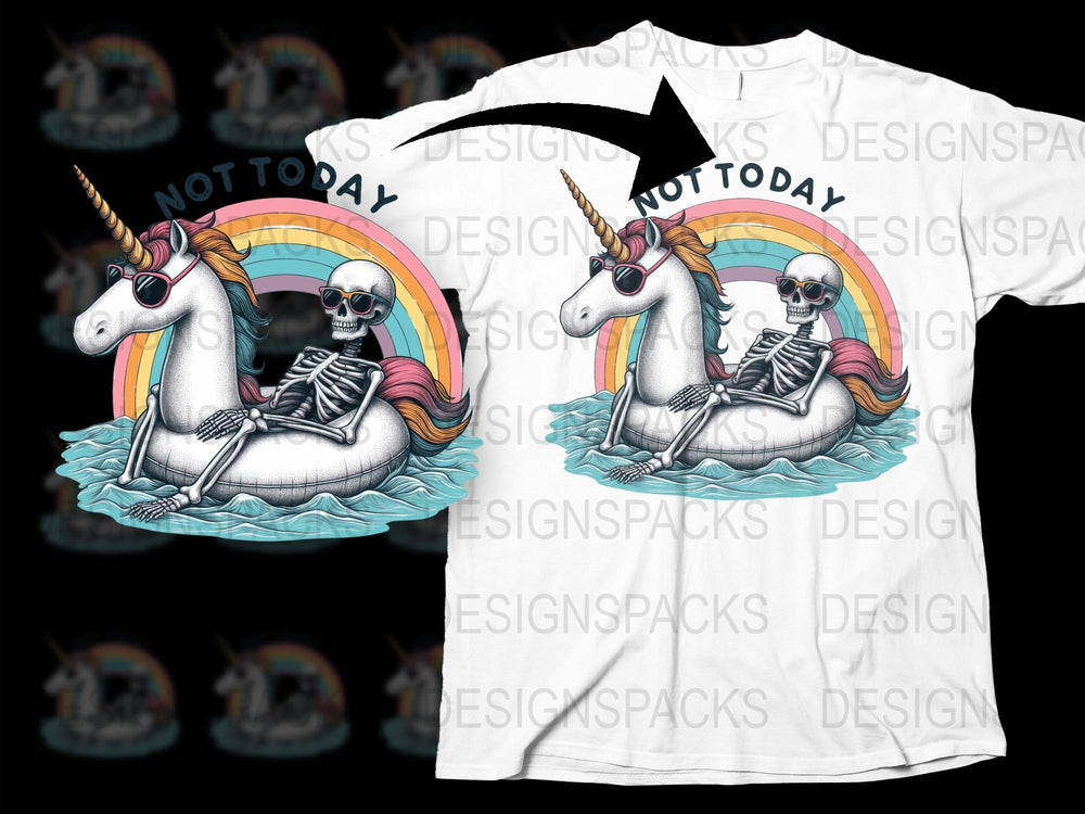 Not Today Unicorn Skeleton T-Shirt, Funny Fantasy Rainbow Graphic Tee, Unique Halloween Apparel