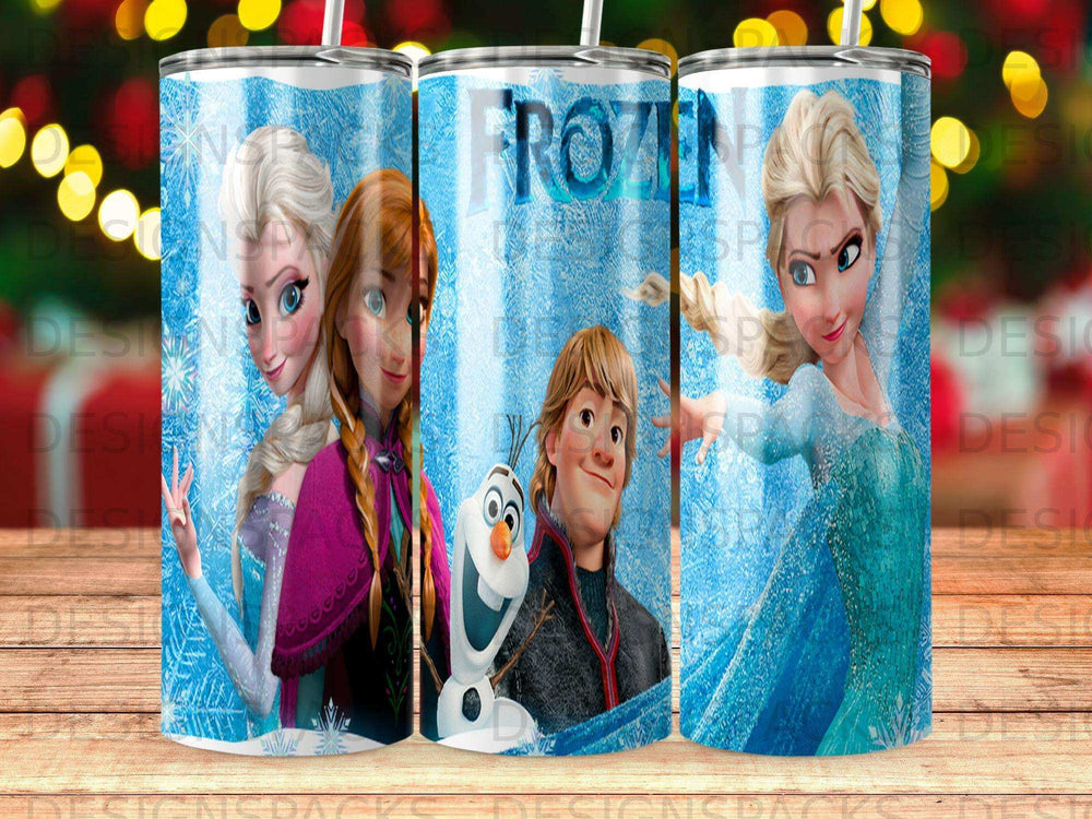 Frozen characters Elsa, Anna, and Olaf featured on a blue tumbler with snowflakes.