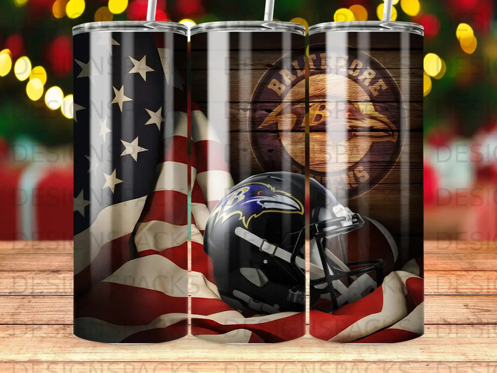Baltimore Ravens helmet and football with American flag and wood background.