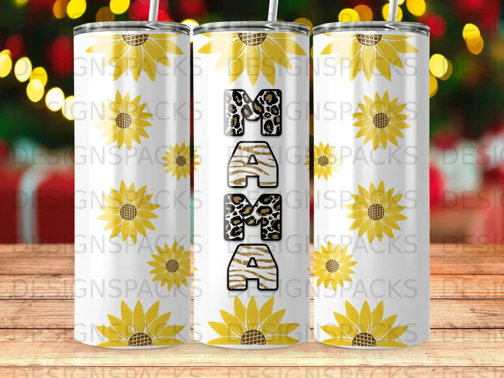 Tumbler with sunflowers and "MAMA" in leopard print letters.