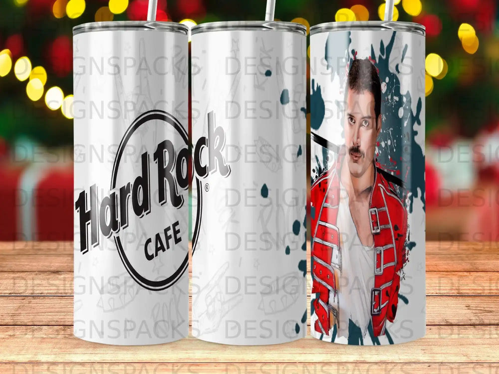 Hard Rock Cafe tumbler featuring Freddie Mercury in a red jacket.