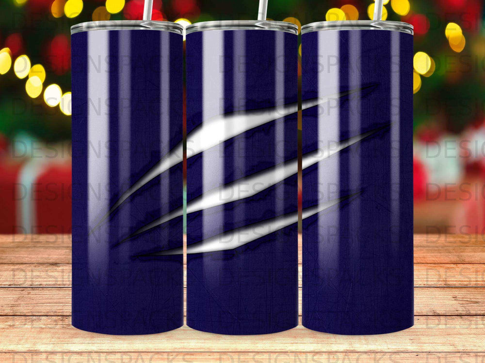 Blue tumbler with claw marks and white stripes.