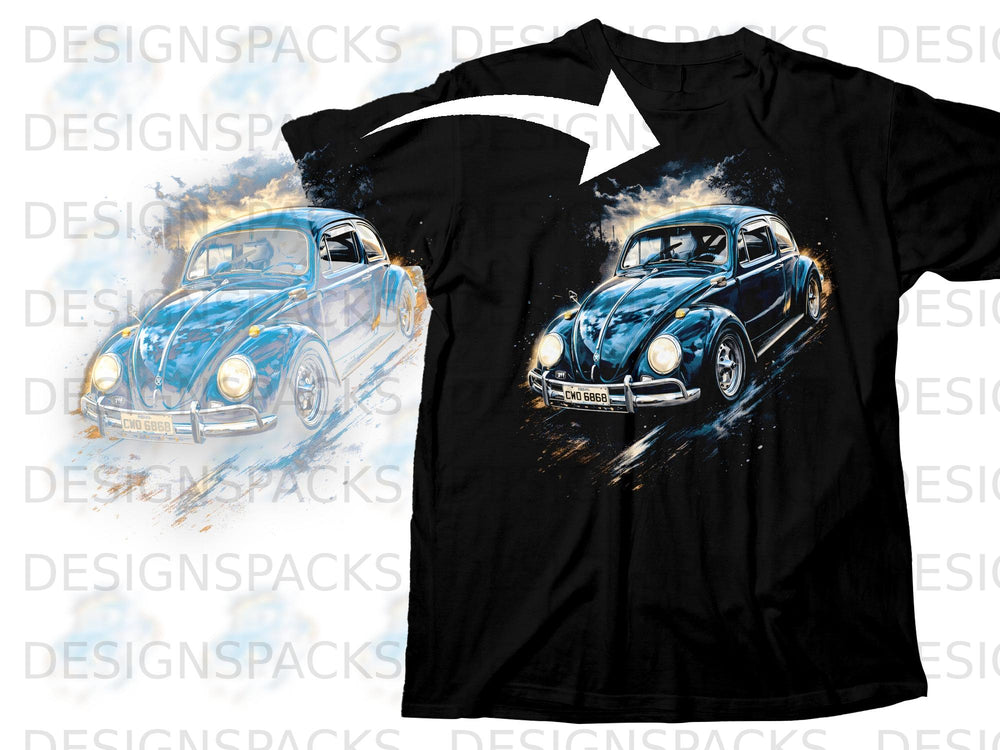 Black t-shirt with graphic of a blue Volkswagen Beetle and clouds.