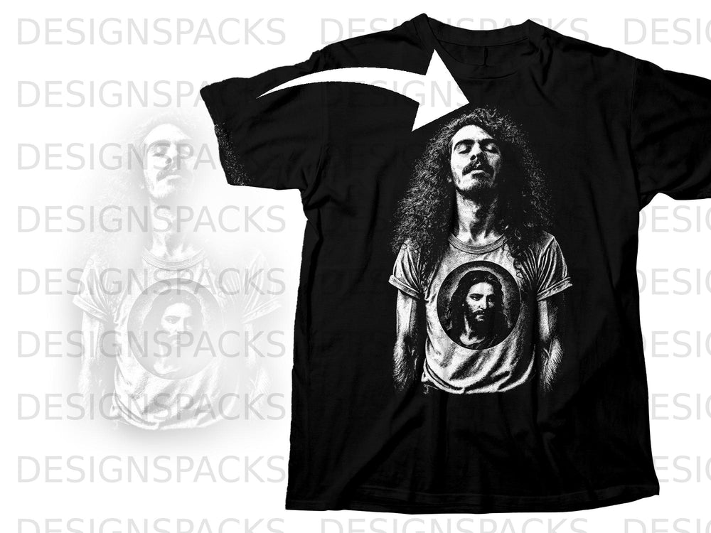 Black t-shirt with a distressed portrait of a man with long hair and a circular portrait of Jesus.