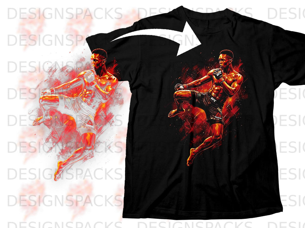 Black t-shirt with UFC fighter performing a kick, rendered in fiery red and orange.