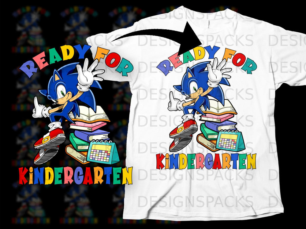 Sonic the Hedgehog with books, calendar, and "Ready for Kindergarten" text.