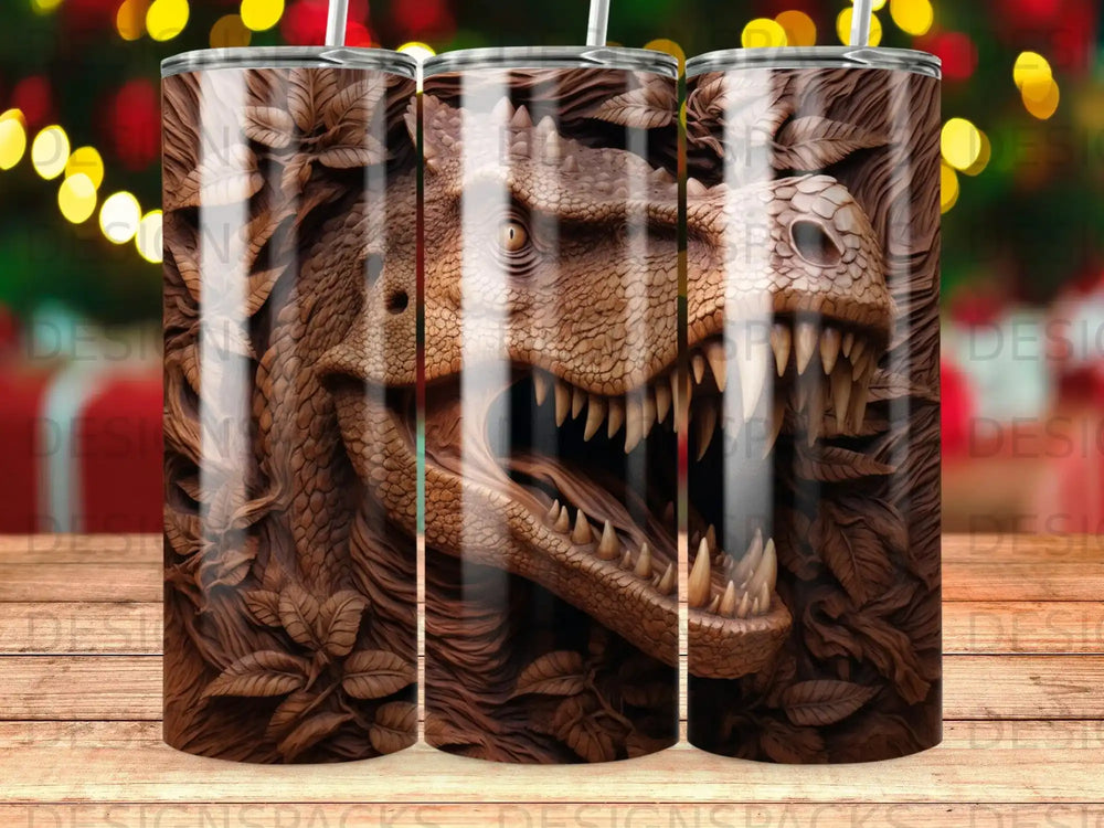 T-Rex skull design on a tumbler with wood grain and leaves.