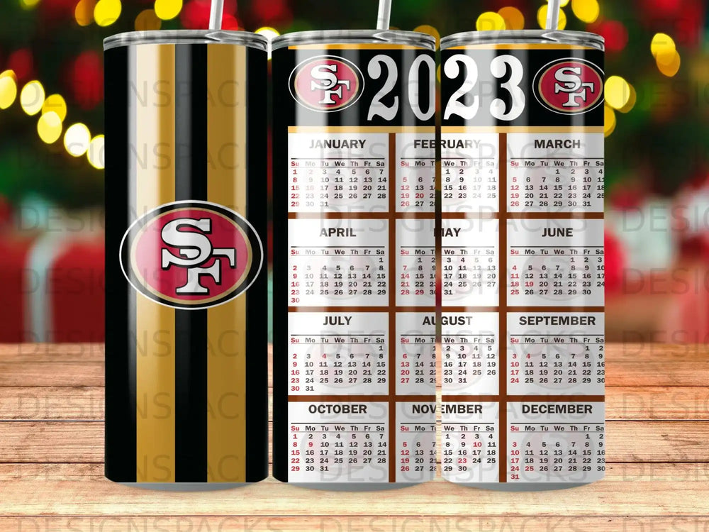 2023 calendar tumbler featuring the San Francisco 49ers logo and team colors.