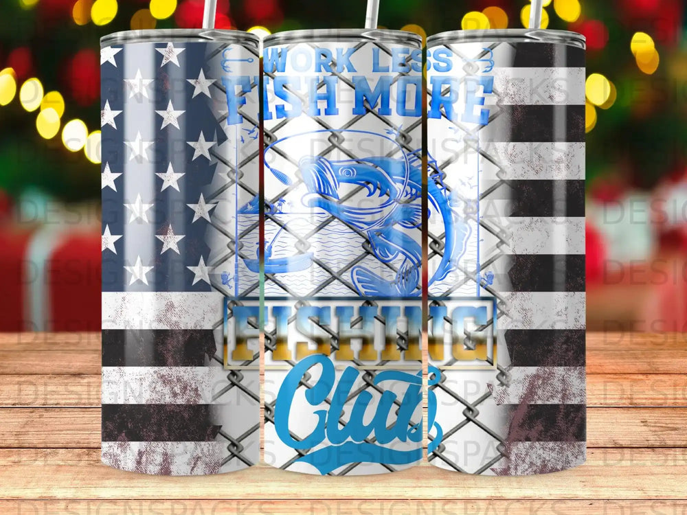 Fishing Club tumbler with American flag and fish graphic.