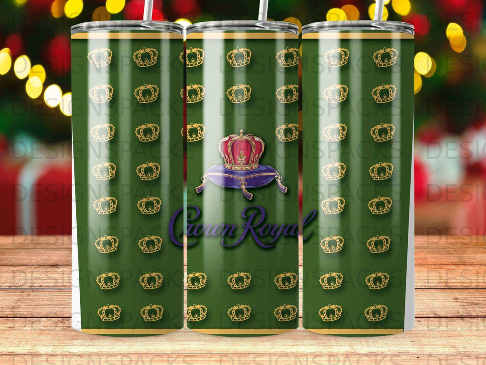Crown Royal tumbler with gold crowns and royal purple accents.