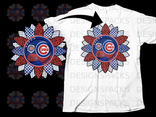 Chicago Cubs logo sunflower with a baseball cap on a white t-shirt.