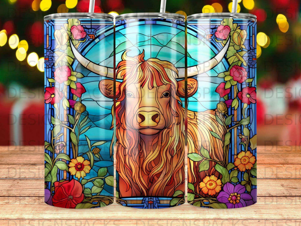Highland cow with floral stained glass design on a tumbler.