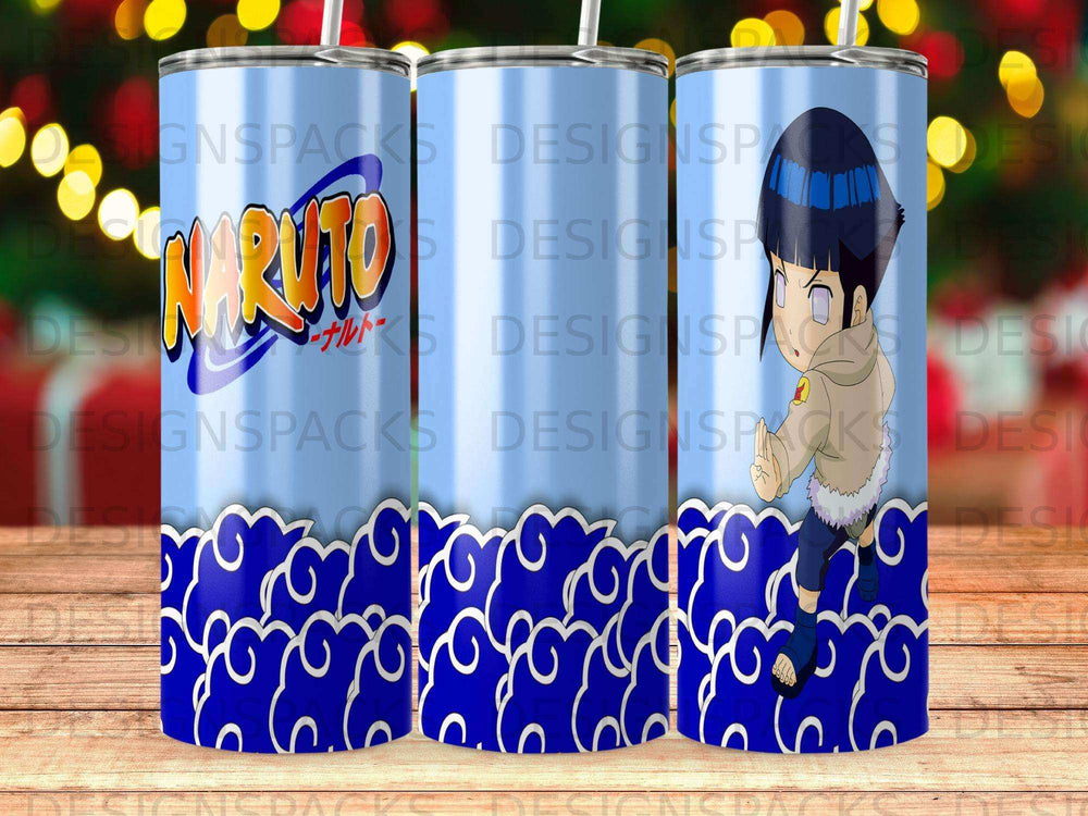 Naruto and Hinata characters on a blue tumbler with white cloud pattern.