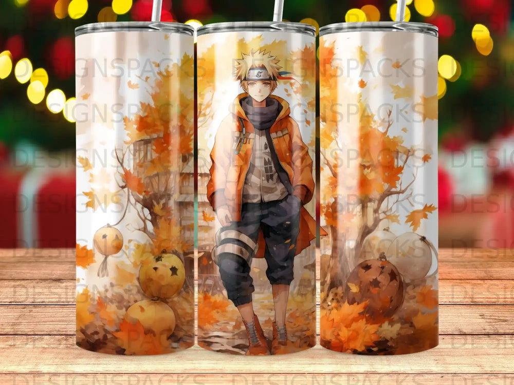 Anime character in orange jacket surrounded by autumn leaves and pumpkins.