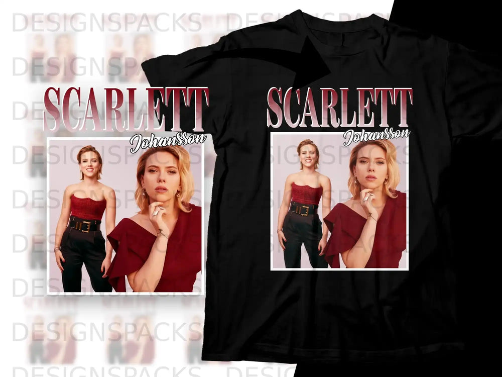 Scarlett Johansson portrait on a black t-shirt.