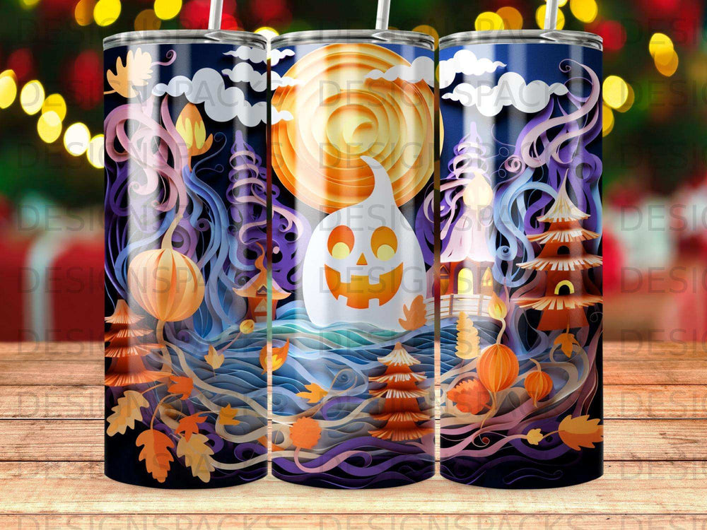 Halloween ghost and autumn leaves on a tumbler.