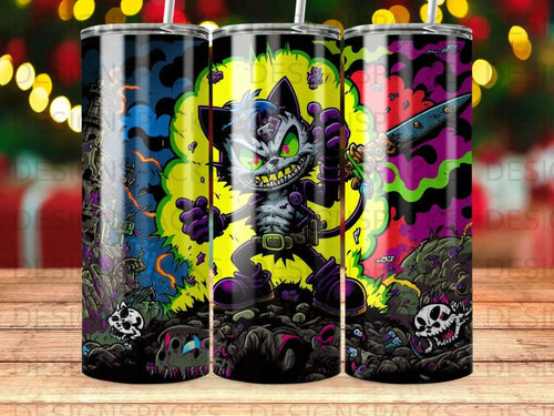 Cartoon cat with sharp teeth and glowing eyes, surrounded by skulls and abstract background elements.