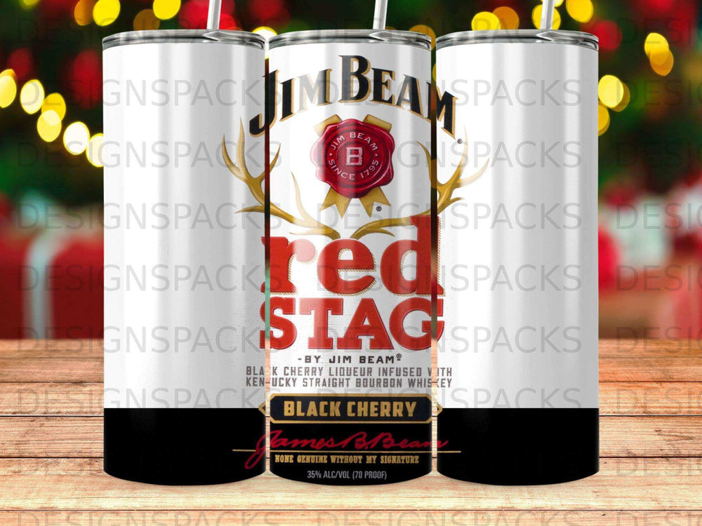 Jim Beam Red Stag Black Cherry bourbon whiskey tumbler with brand logo.